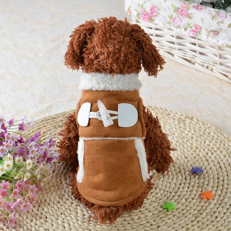 Brown lamb velvet teddy dog costume on small breed dog, front view showing pullover style and soft pile texture