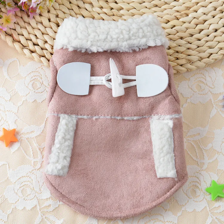 Brown lamb velvet teddy dog costume on small breed dog, front view showing pullover style and soft pile texture