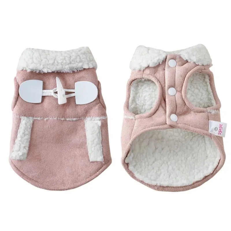 Brown lamb velvet teddy dog costume on small breed dog, front view showing pullover style and soft pile texture