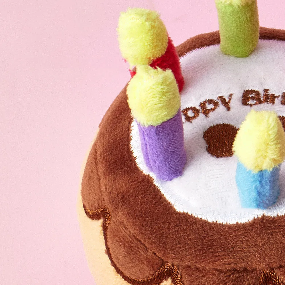 Brown plush pet birthday cake toy with candle, 40g, for dogs and cats