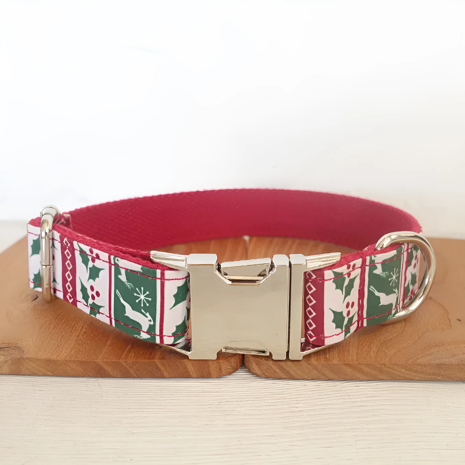 Thicken soft polyester dog collar set Christmas deer design light gold with traction rope and ribbon