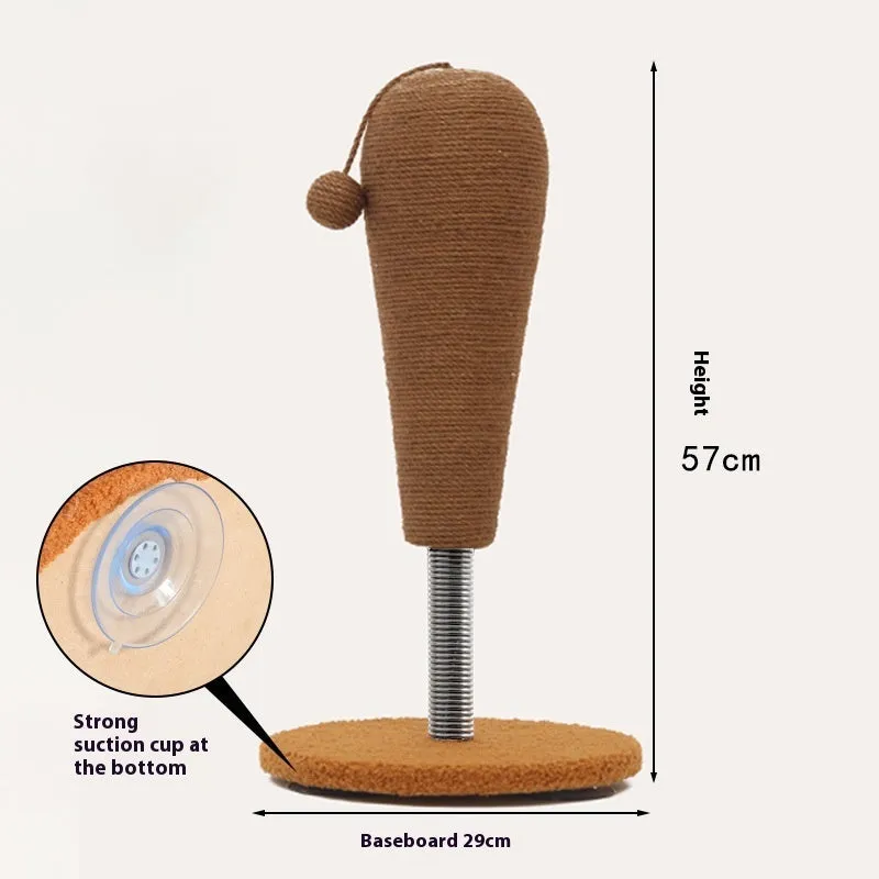 Cat scratch board with a hemp rope ball attached, shown in large and small size options.