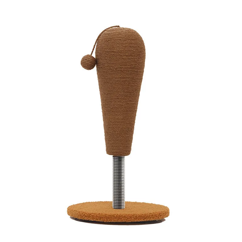 Cat scratch board with a hemp rope ball attached, shown in large and small size options.
