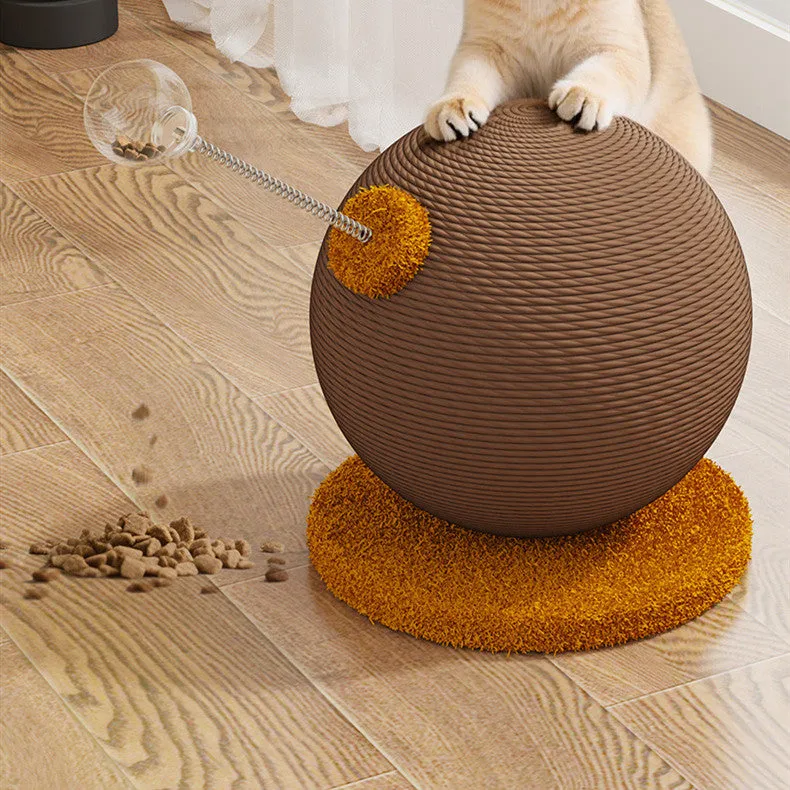 Cat scratch board with a hemp rope ball attached, shown in large and small size options.