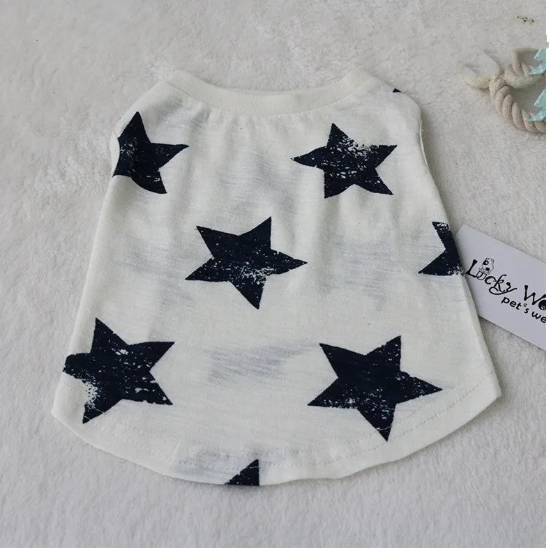 Cotton dog vest in dark blue on a small dog, showing back length and chest fit