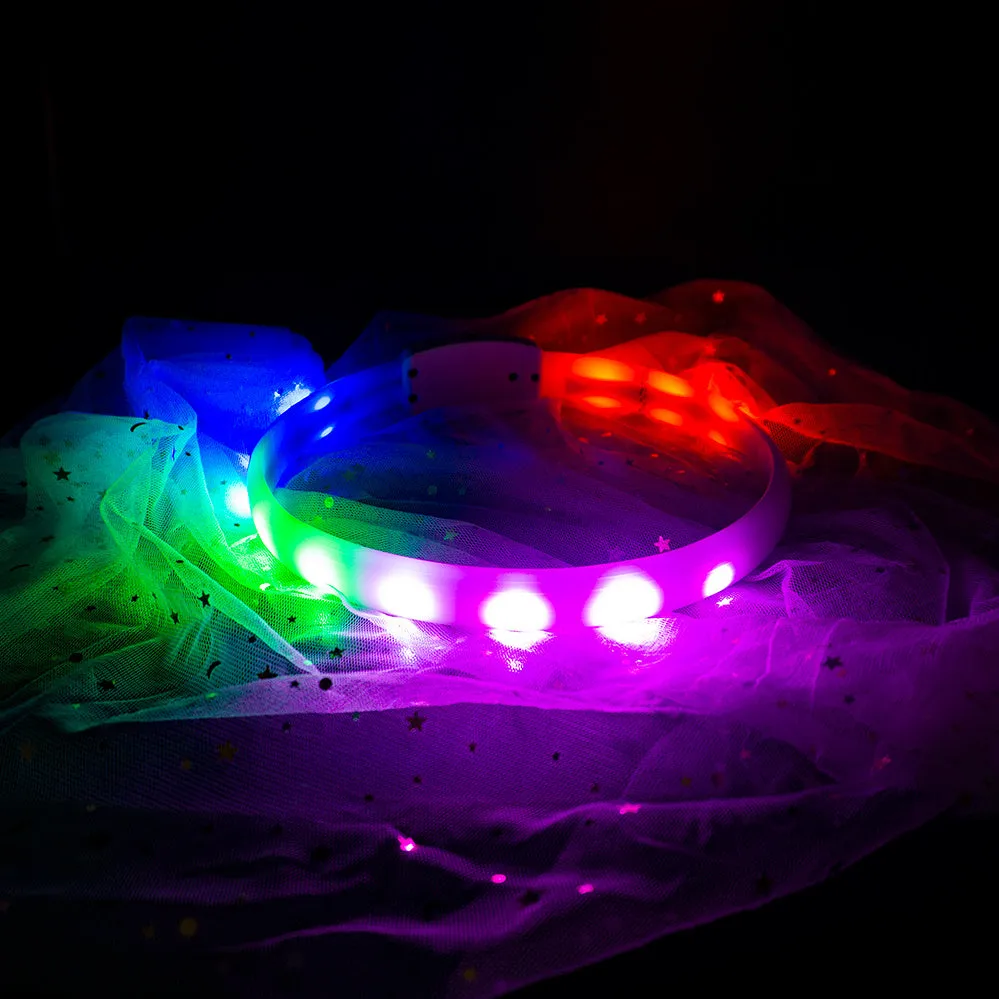 White USB rechargeable flash dog collar with RGB light, silicone construction, size L 2.5x65cm