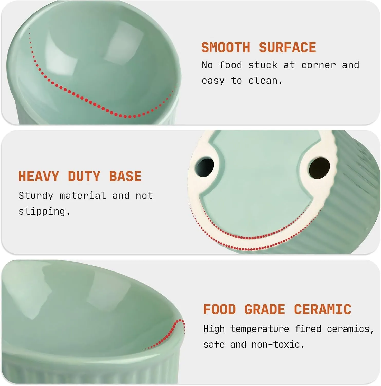Dark green ceramic elevated cat bowl with tilted, round design on a wooden floor.