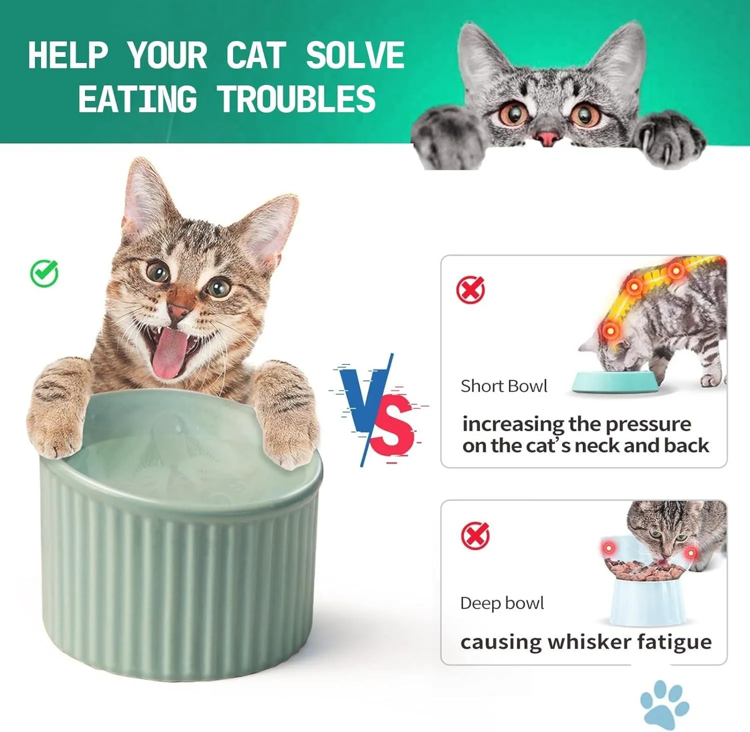 Dark green ceramic elevated cat bowl with tilted, round design on a wooden floor.