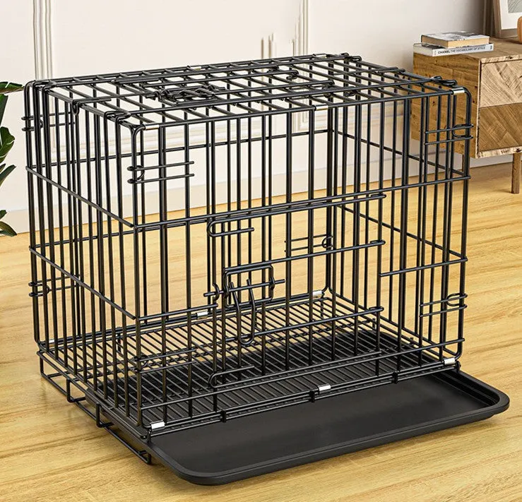 Folding iron wire dog cage in black with base plate, multiple sizes available