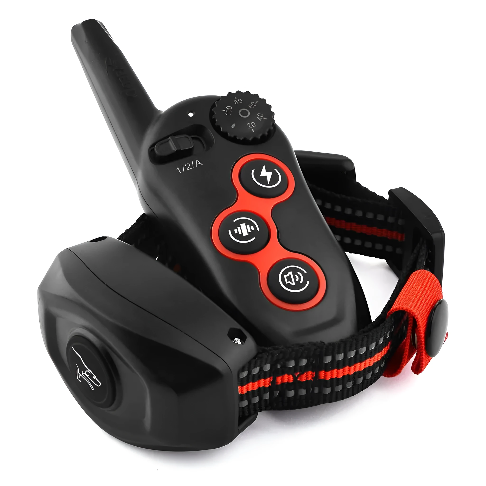 Dog training clicker in orange colour with attached white wrist strap on a white background