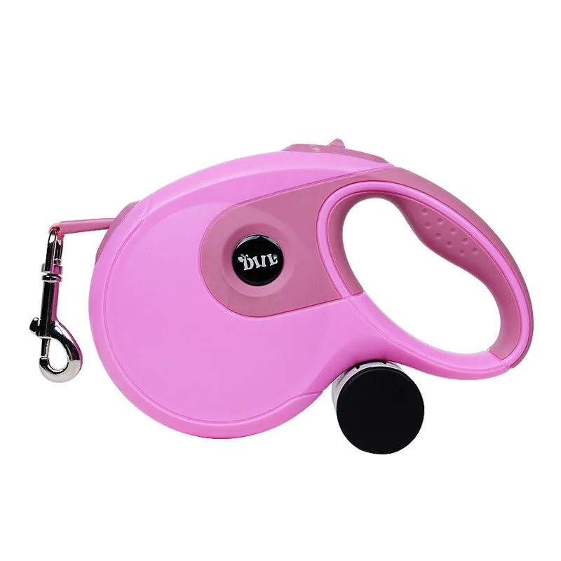 Dog automatic retractable leash with one-button break lock, soft hand grip, and black ABS body on a green background