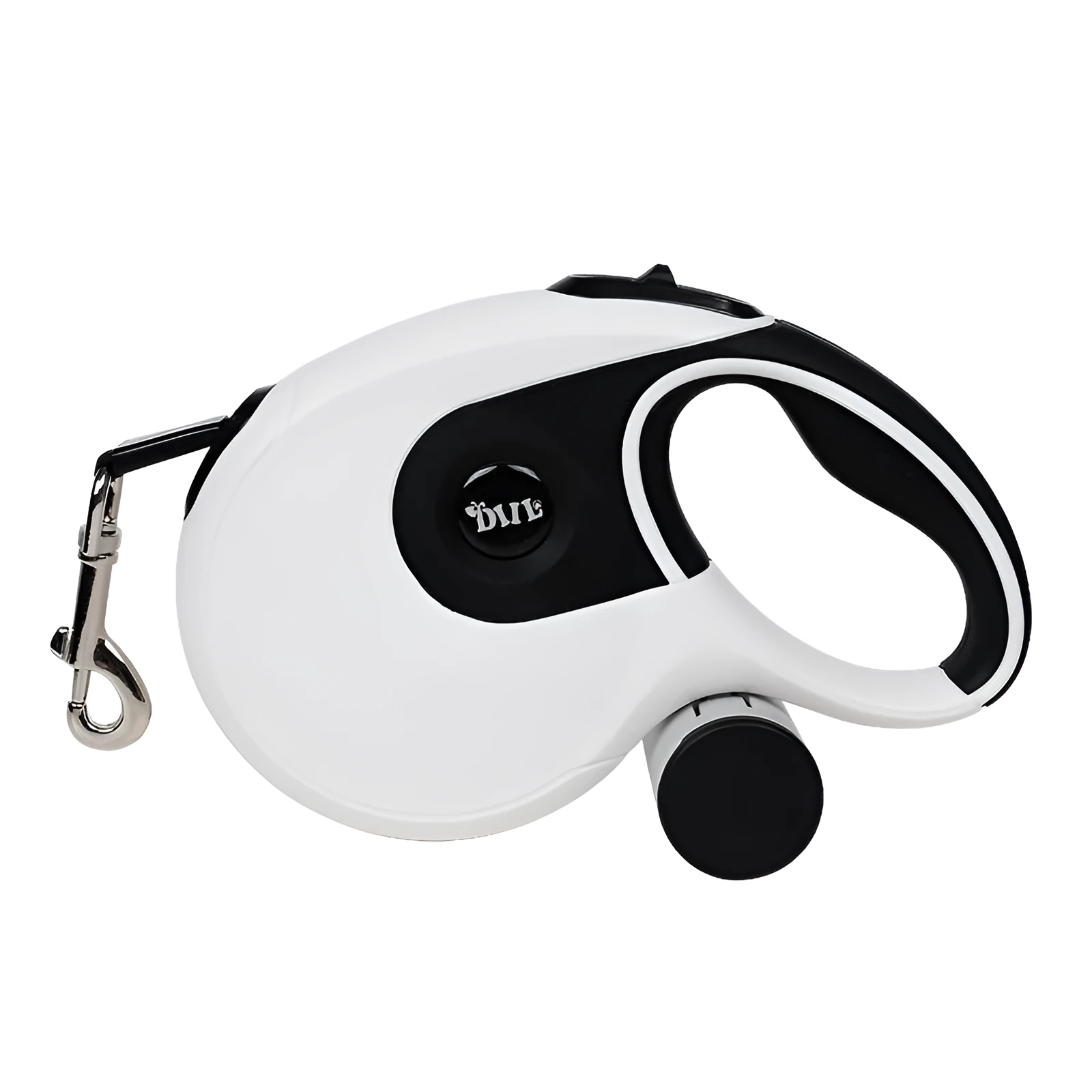 Dog automatic retractable leash with one-button break lock, soft hand grip, and black ABS body on a green background