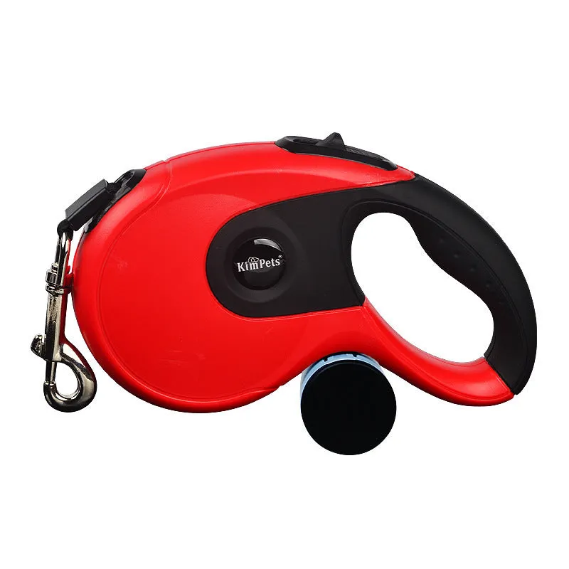 Dog automatic retractable leash with one-button break lock, soft hand grip, and black ABS body on a green background