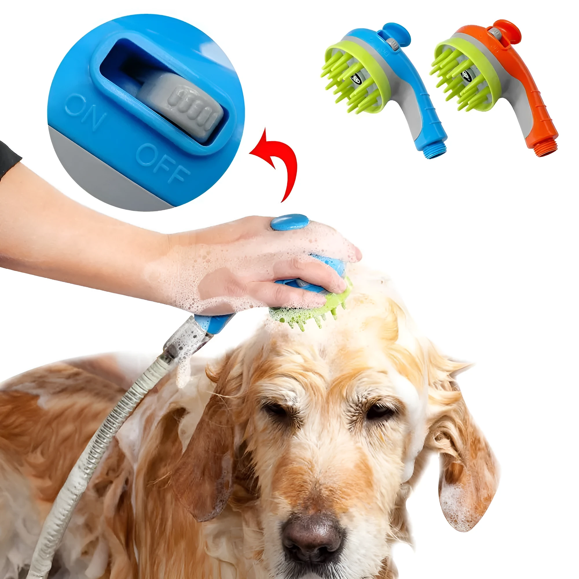 Dog shower brush sprayer in blue with three-in-one massage shampoo functions and 6.3m coverage