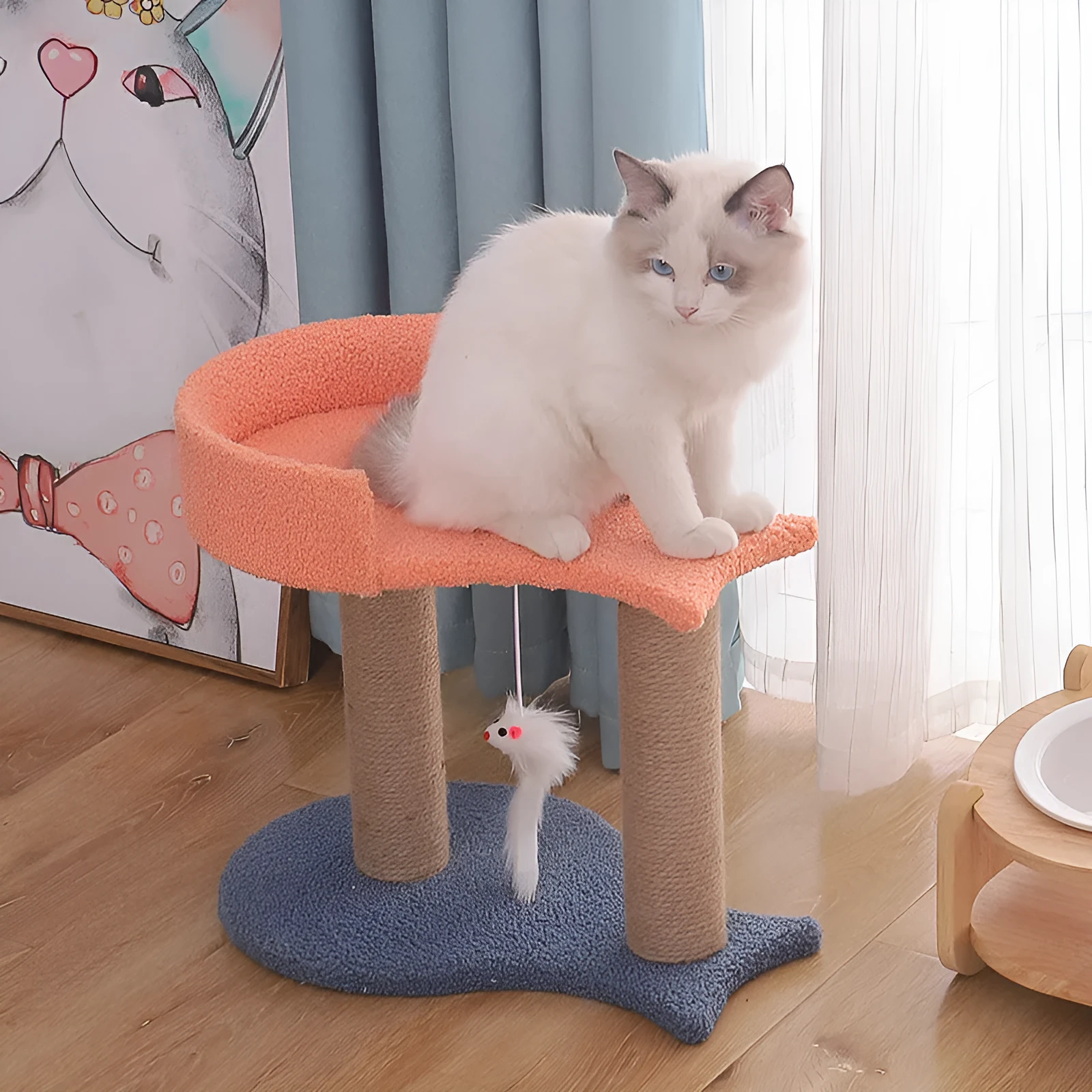 Cat climbing frame with plush material, teddy velvet, and sisal twine, includes solid wood toy, 1.8kg weight