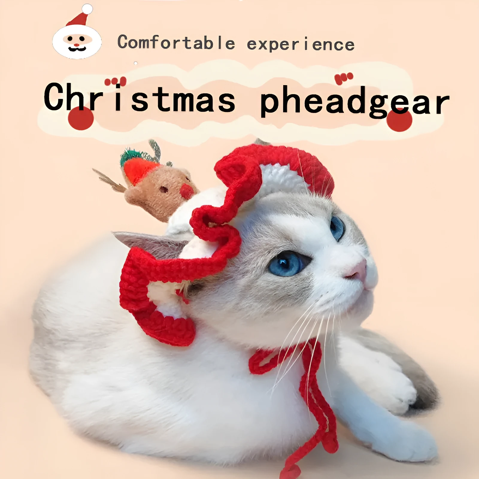 Hand crocheted monochrome Christmas tree pet hat with rope tie on a cat