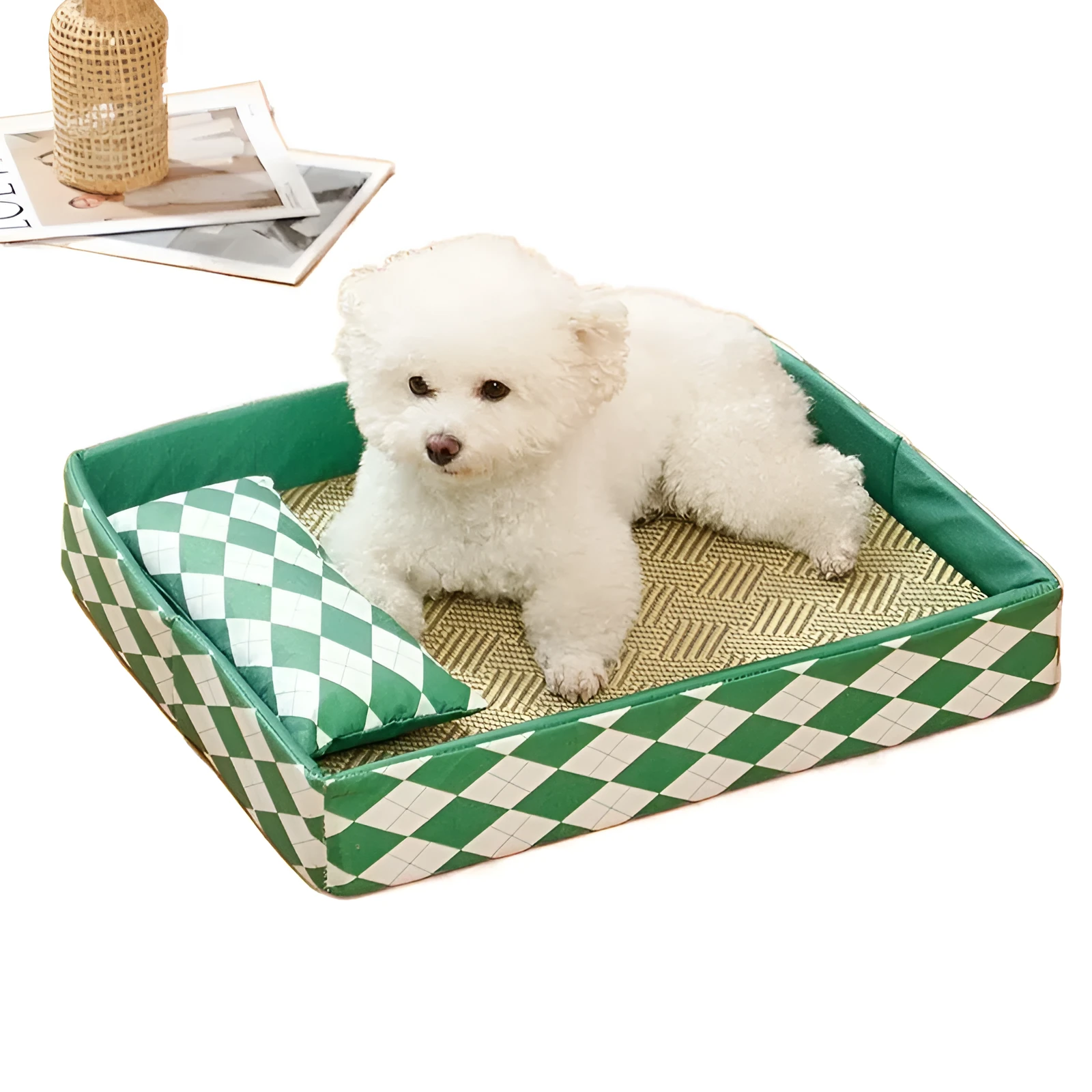 Blue rattan cat litter mat and bed in size L, showing woven texture and rectangular shape.