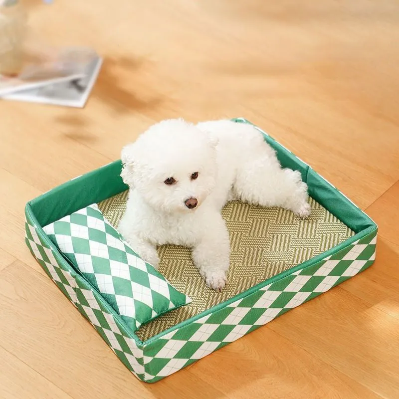 Blue rattan cat litter mat and bed in size L, showing woven texture and rectangular shape.