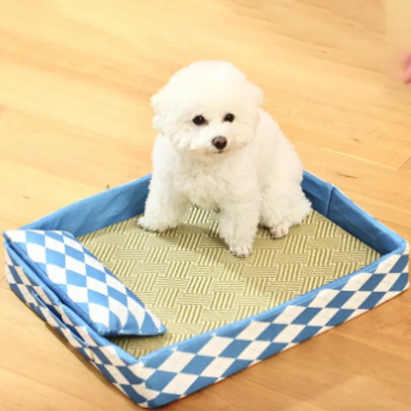 Blue rattan cat litter mat and bed in size L, showing woven texture and rectangular shape.