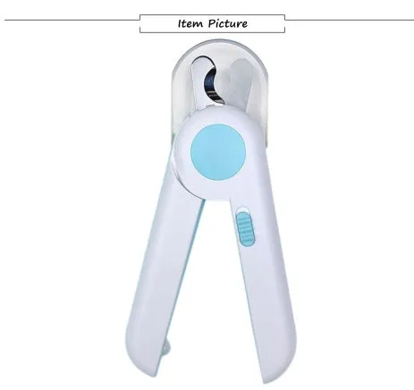 Blue LED Pet Nail Clipper with stainless steel blade and light on a white background
