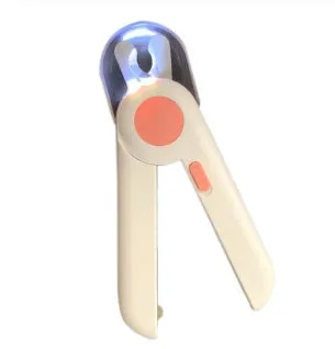 Blue LED Pet Nail Clipper with stainless steel blade and light on a white background