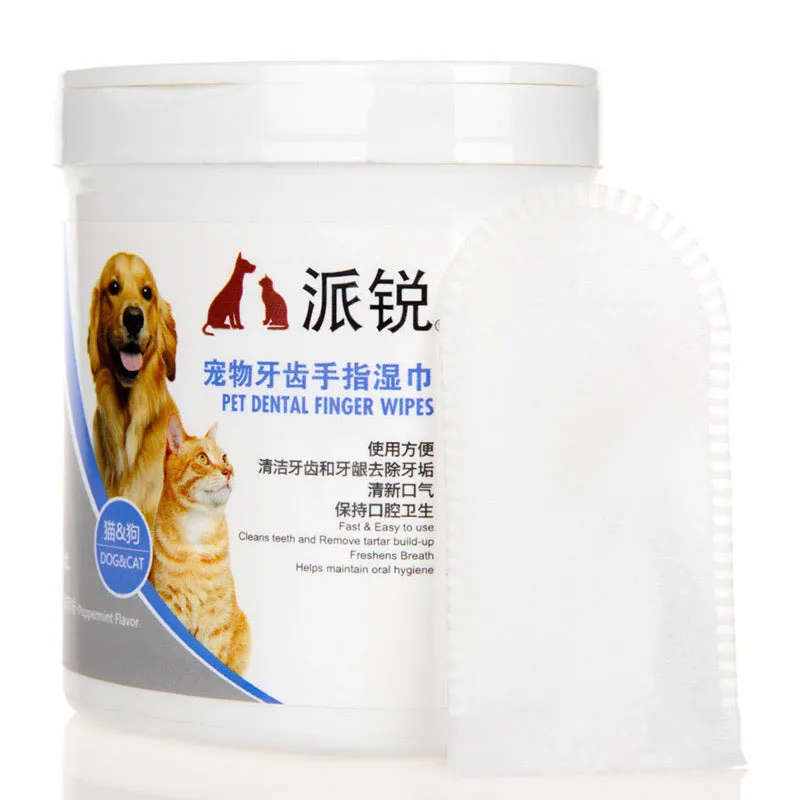 Pet cleaning wipes pack with finger sleeve design in compact bottle for oral, eye, and ear care