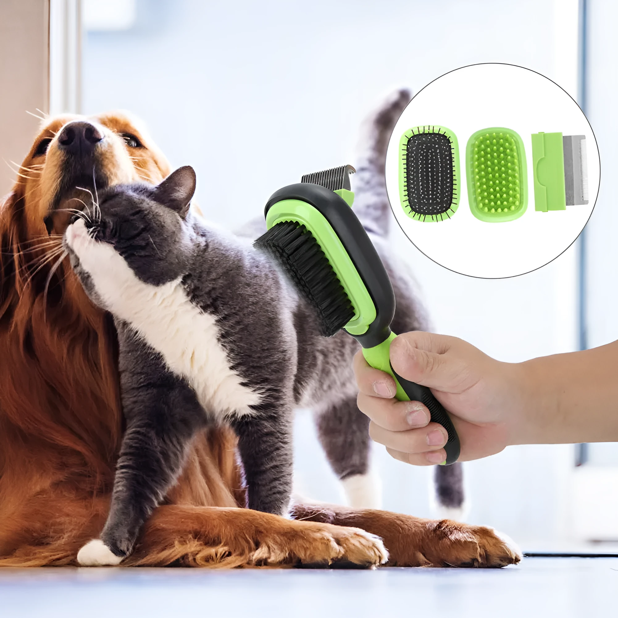 5-in-1 pet grooming comb set for cats and dogs with ABS, TPR, PP wool and stainless steel construction