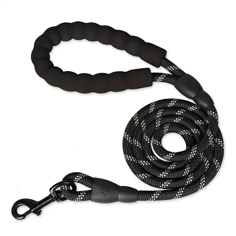 Black reflective dog leash with padded handle and adjustable waist rope for jogging