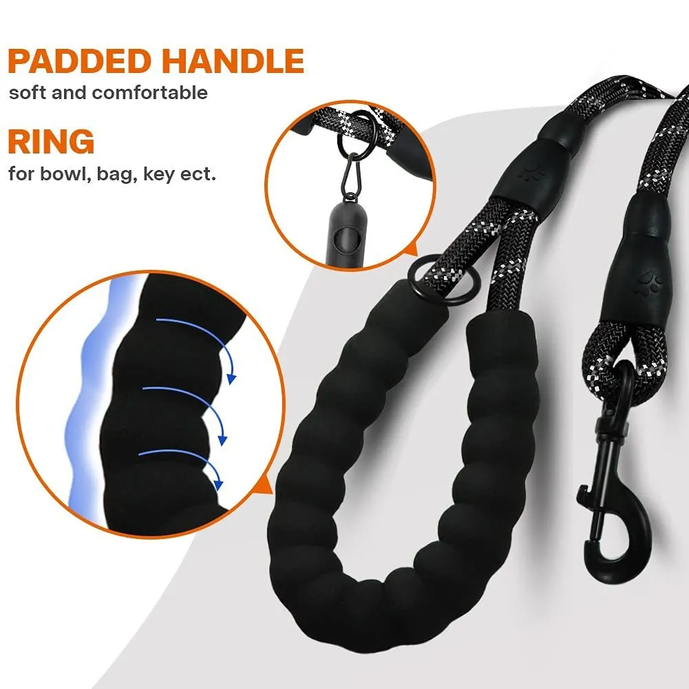 Black reflective dog leash with padded handle and adjustable waist rope for jogging
