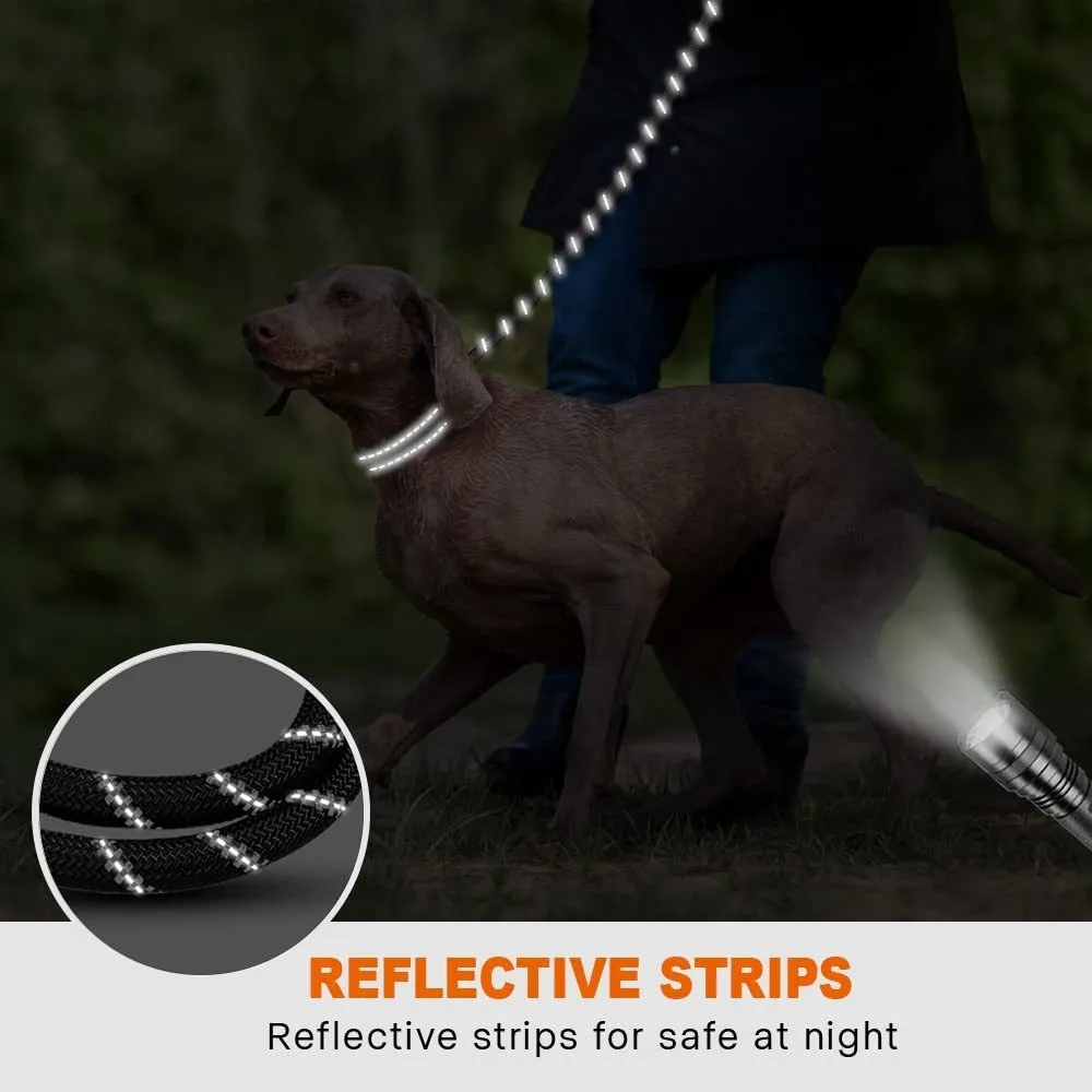 Black reflective dog leash with padded handle and adjustable waist rope for jogging