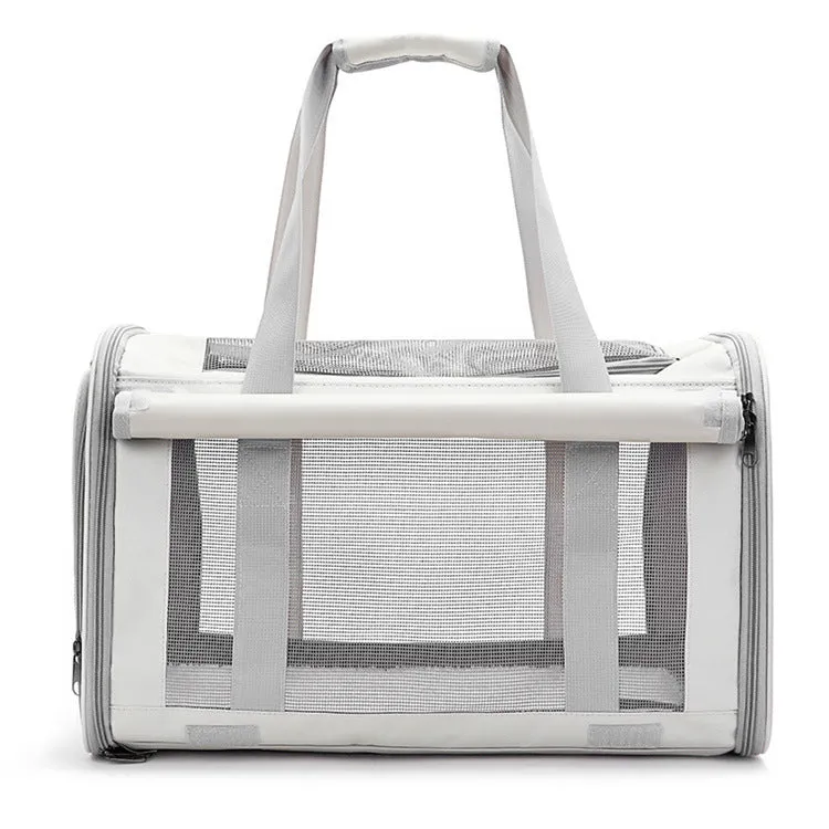 Outdoor portable pet bag in beige with transparent window and mesh sides on a white background