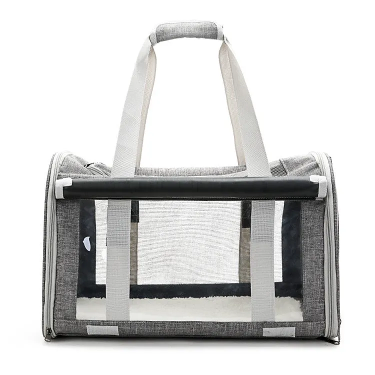 Outdoor portable pet bag in beige with transparent window and mesh sides on a white background
