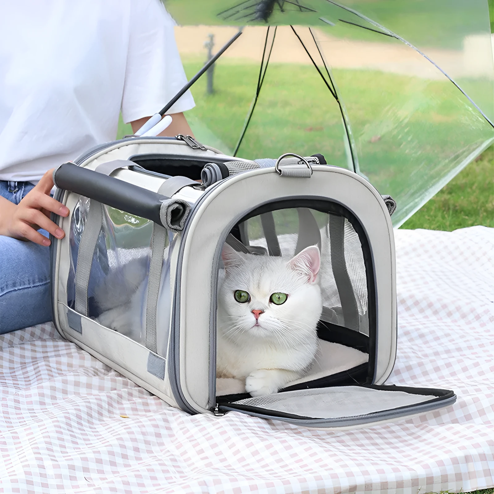 Outdoor portable pet bag in beige with transparent window and mesh sides on a white background