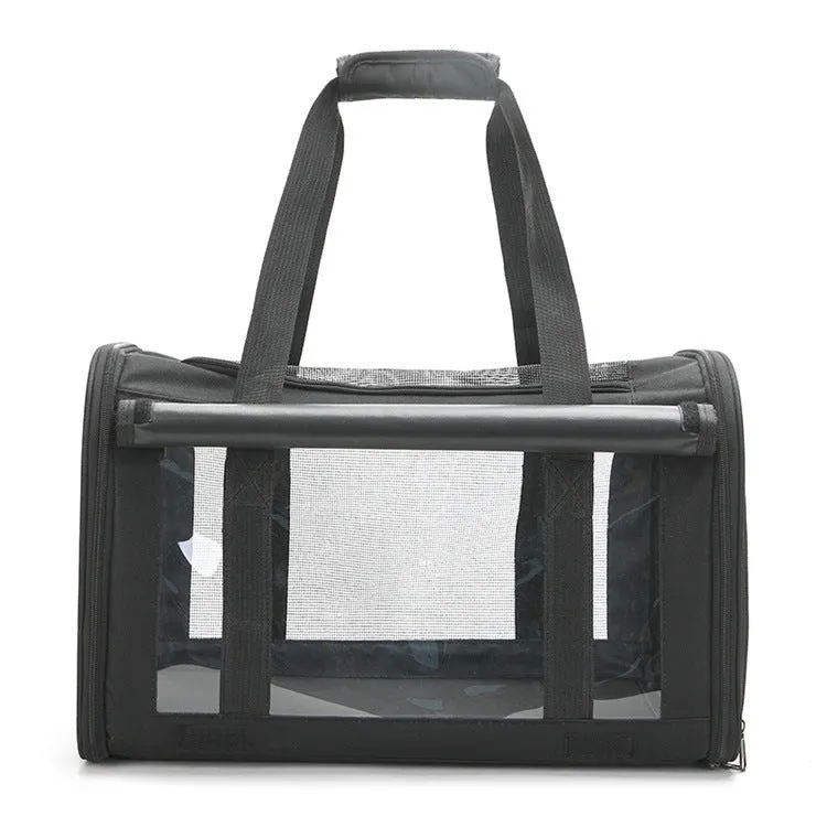Outdoor portable pet bag in beige with transparent window and mesh sides on a white background