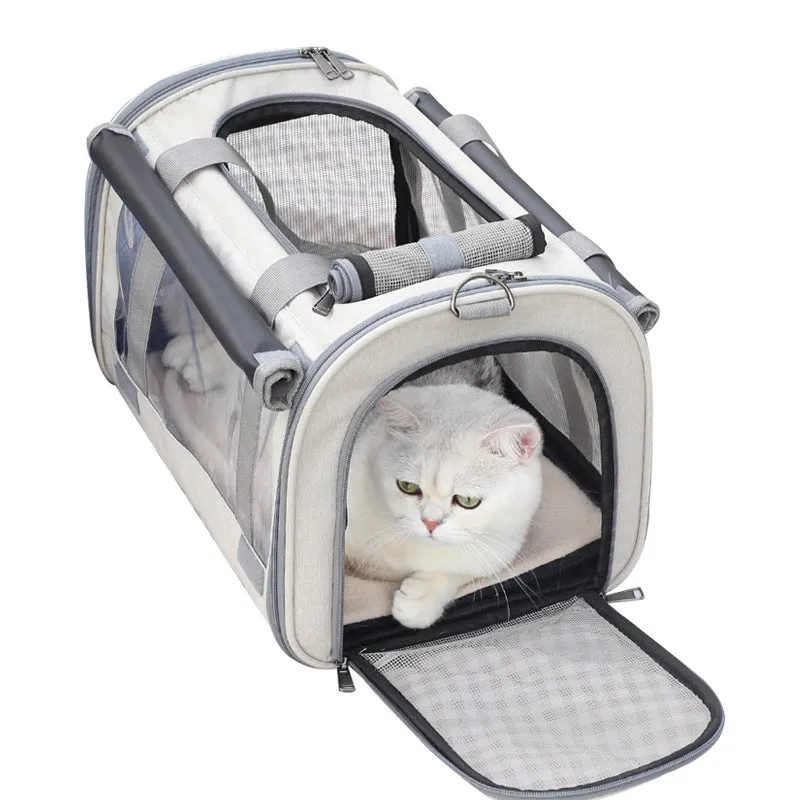 Outdoor portable pet bag in beige with transparent window and mesh sides on a white background