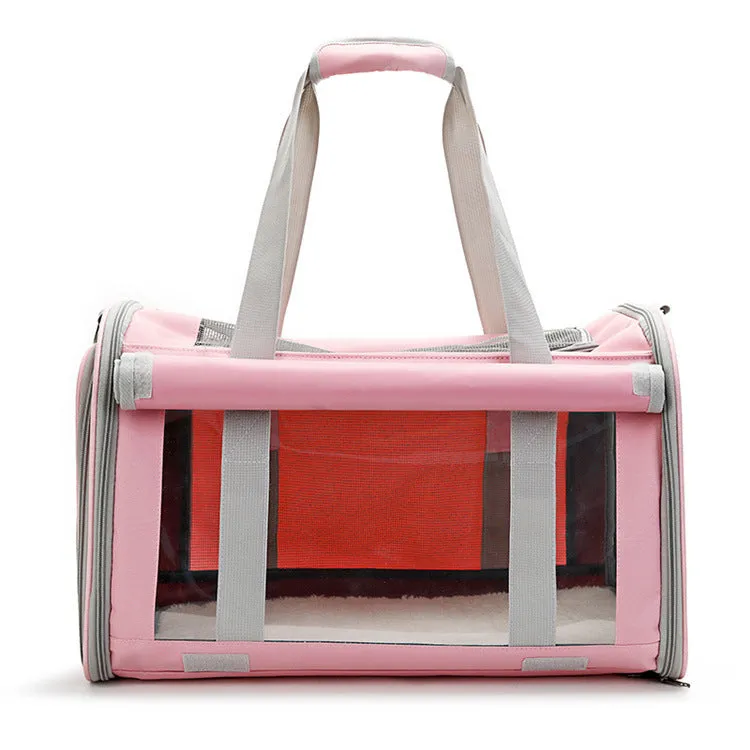 Outdoor portable pet bag in beige with transparent window and mesh sides on a white background