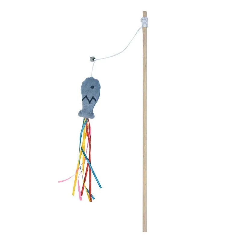 Colourful cat wand toy with ribbons, catnip fish, and bell on a wooden handle for indoor cats