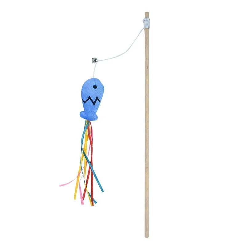 Colourful cat wand toy with ribbons, catnip fish, and bell on a wooden handle for indoor cats