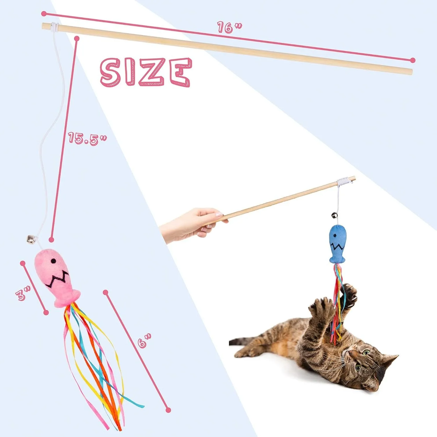 Colourful cat wand toy with ribbons, catnip fish, and bell on a wooden handle for indoor cats