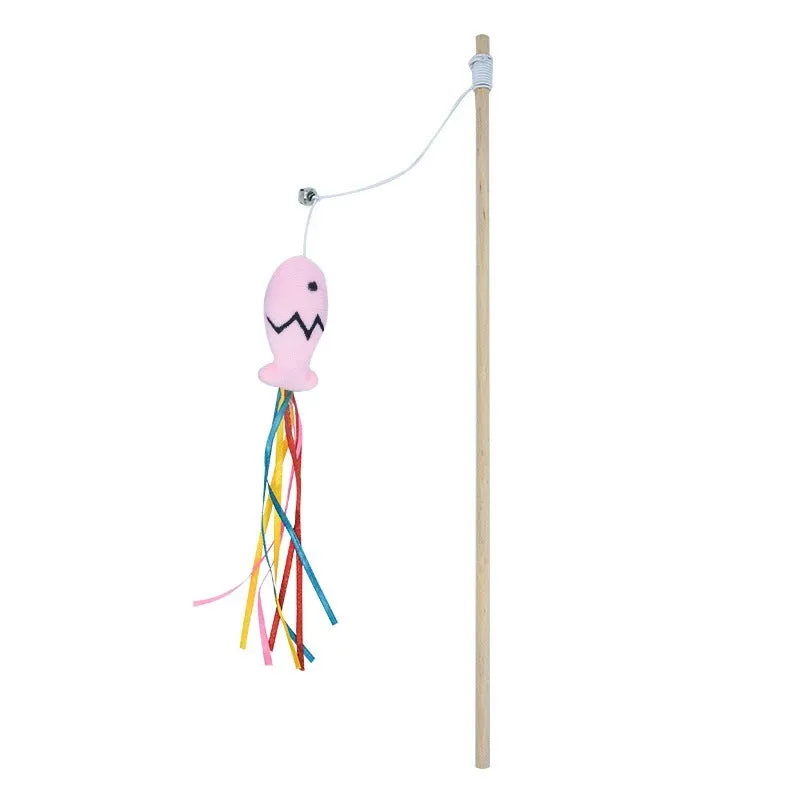 Colourful cat wand toy with ribbons, catnip fish, and bell on a wooden handle for indoor cats