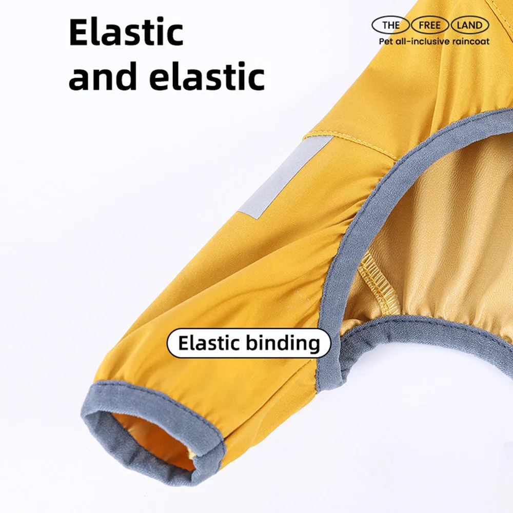 Waterproof dog raincoat with reflective strips, hood, and four-leg design for small medium dogs
