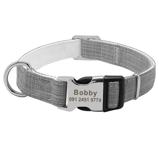 Custom nylon dog collar with engraved text in red colour, adjustable buckle, for medium large dogs
