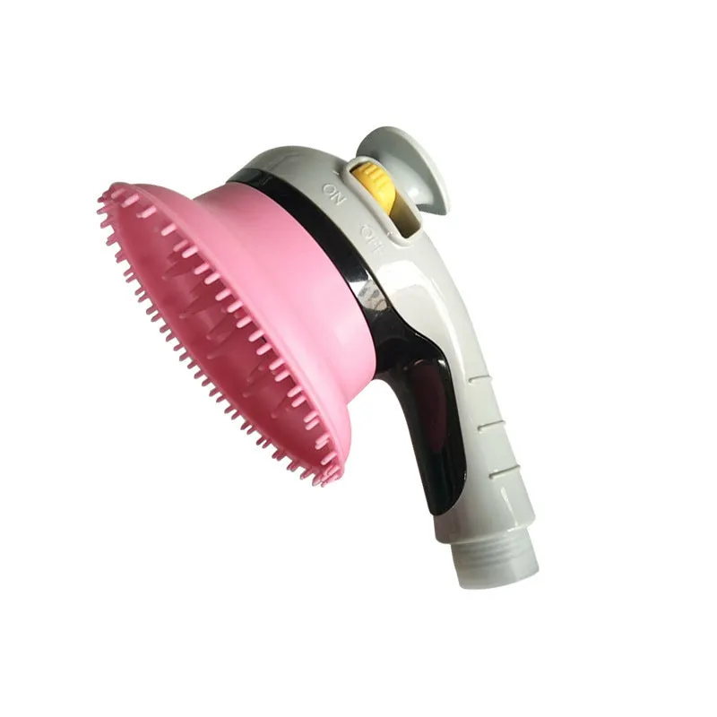 Pet shower kit with massage brush and water lock switch, blue orange pink and yellow colour options, on a white background