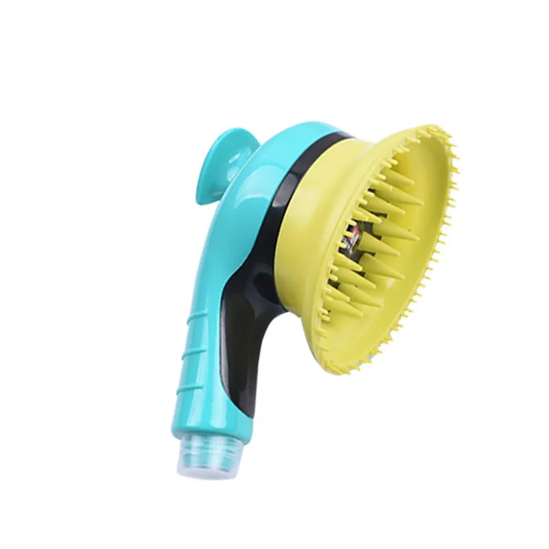 Pet shower kit with massage brush and water lock switch, blue orange pink and yellow colour options, on a white background