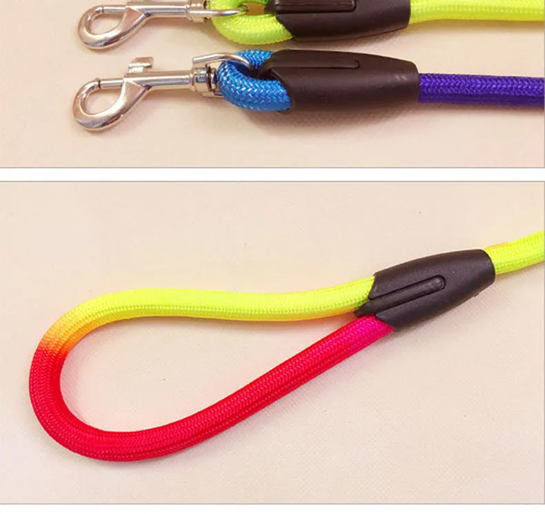 Colourful nylon round hand holding dog rope leash for walking and training, with three size options