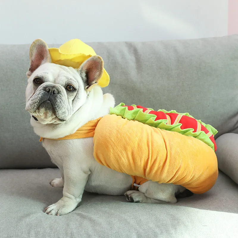 Yellow dog hot dog burger crossdress costume on a dog, showing FB one-size fit with fabric details