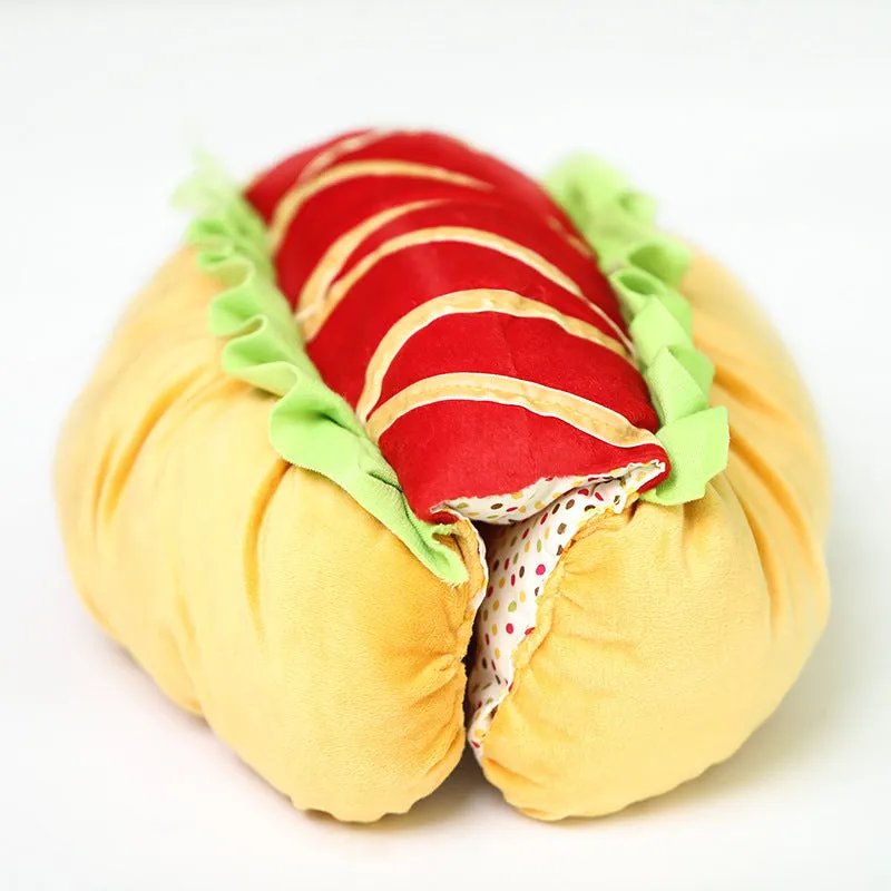 Yellow dog hot dog burger crossdress costume on a dog, showing FB one-size fit with fabric details