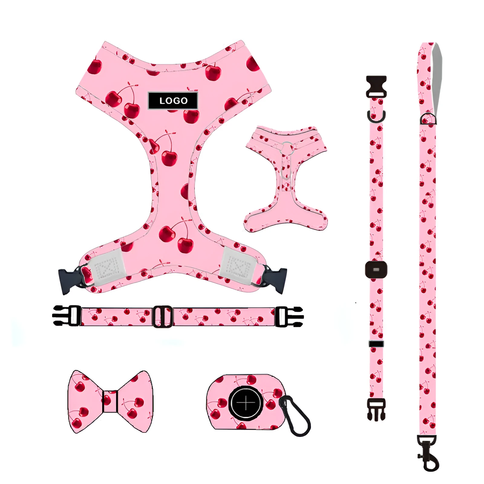 Pink cloth dog leash set with chest strap, collar, traction rope, bowknot, and dog poop bag