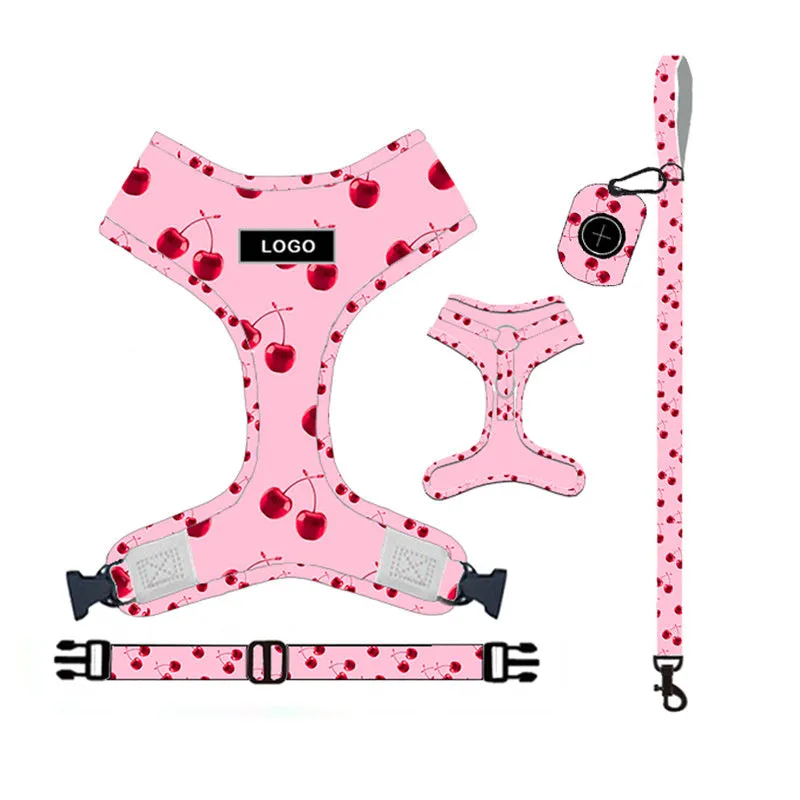 Pink cloth dog leash set with chest strap, collar, traction rope, bowknot, and dog poop bag