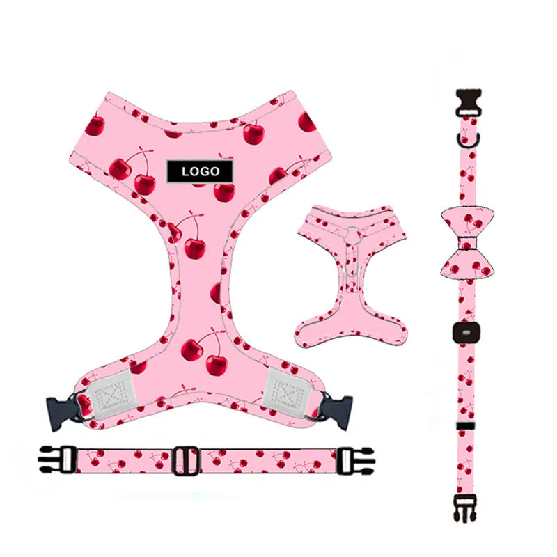 Pink cloth dog leash set with chest strap, collar, traction rope, bowknot, and dog poop bag